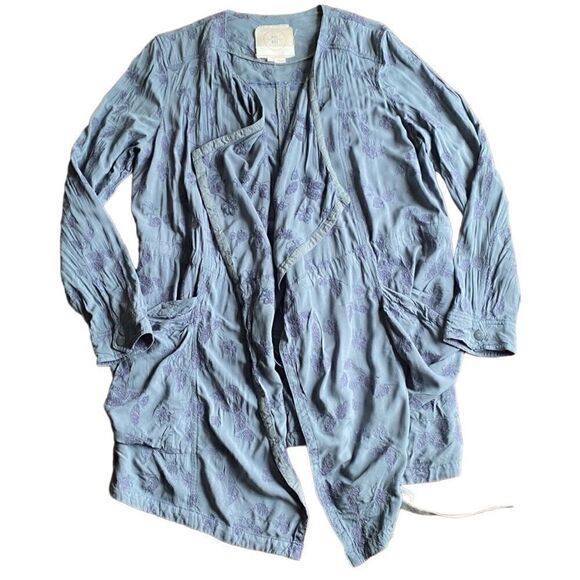 Anthropologie Hei Hei Melita Embroidered Floral Blue Draped Trench Duster Medium - Picture 2 of 6